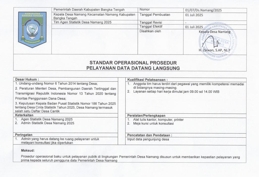 STANDAR OPERASIONAL PROSEDUR PELAYANAN DATA DATANG LANGSUNG